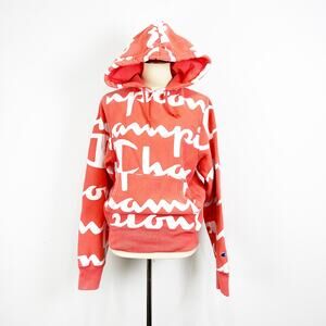 Vintage Champion 90s logo Sweatshirt Hoodie coral pink orange Size Small